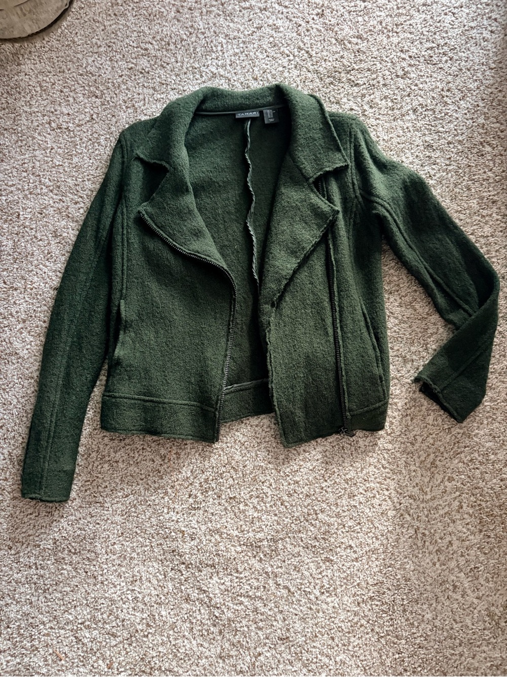 Tahari Olive Green Knit Moto Jacket